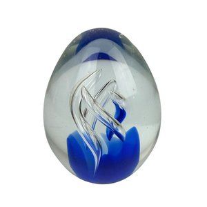 Art Glass Egg Shaped Paperweight Blue Twirl Twist Clear, Home Office Decor